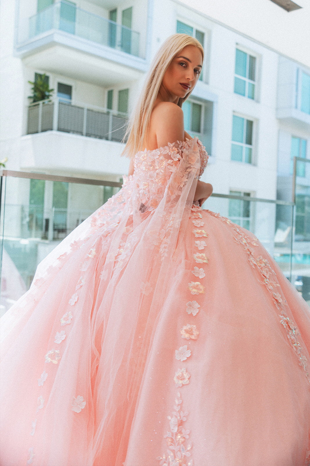 3-D Flower Sheer Bodice Mesh Ball Gown w/ Side Mesh Long Drapes