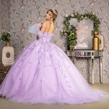 Jewel Sheer Bodice Mesh Ball Gown w/ Long Trumpet Sleeves