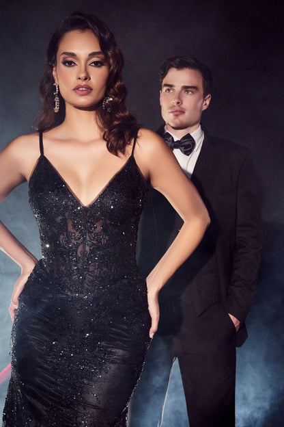 Fitted Floral Glitter Print Corset Gown