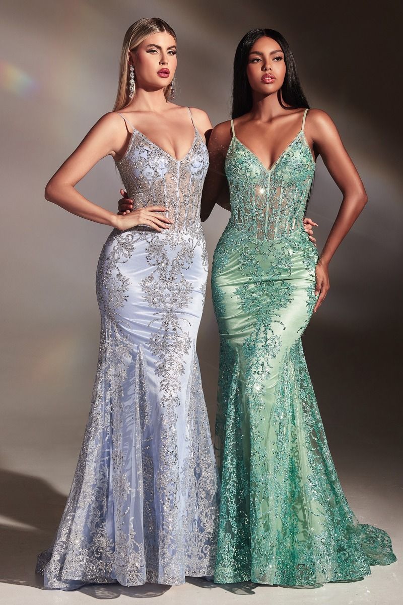 Fitted Floral Glitter Print Corset Gown