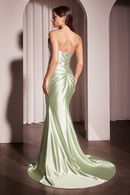 Pleated Strapless Fitted Satin Gown
