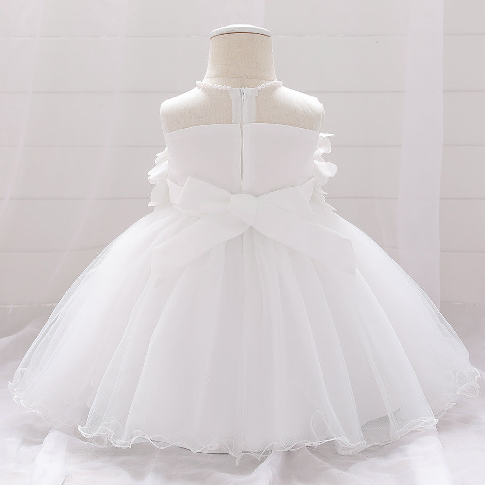 Baby Girl Petal Patched Design Sleeveless Full Moon Christening Mesh Dress
