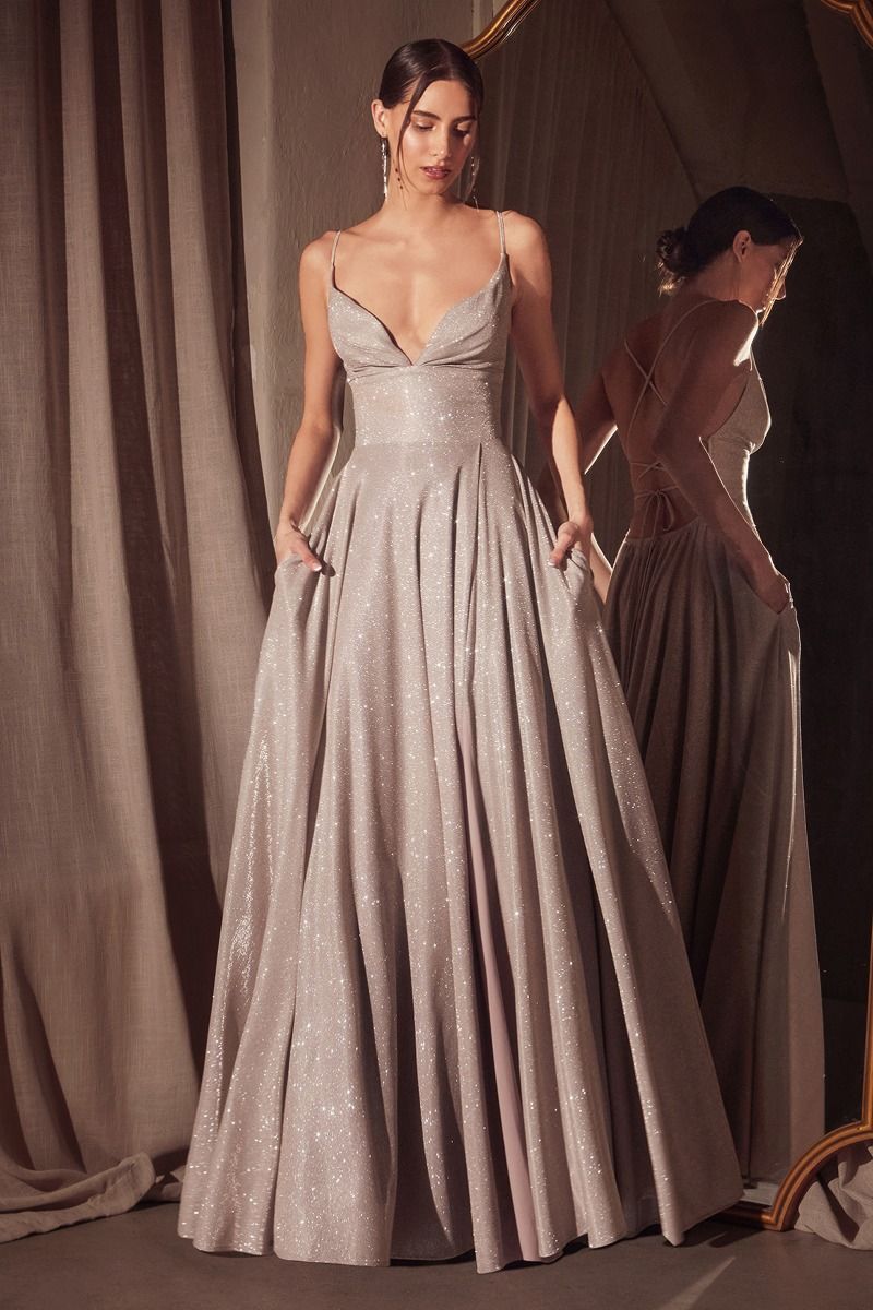 A-line dress with deep V-neck and spaghetti straps