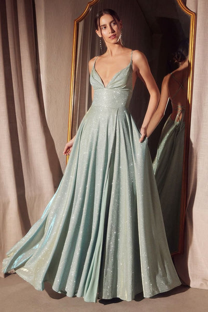 A-line dress with deep V-neck and spaghetti straps