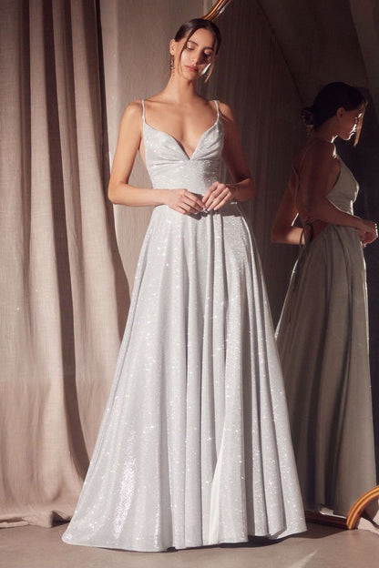 A-line dress with deep V-neck and spaghetti straps