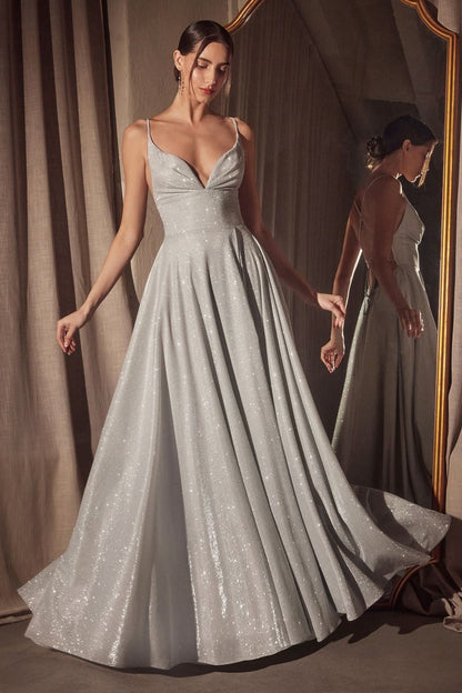 A-line dress with deep V-neck and spaghetti straps