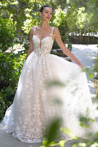 Ball Gown Wedding Dress Illusion Neckline, Delicate Floral Appliqué Straps, And A Corset Bodice With Dimensional Lace.
