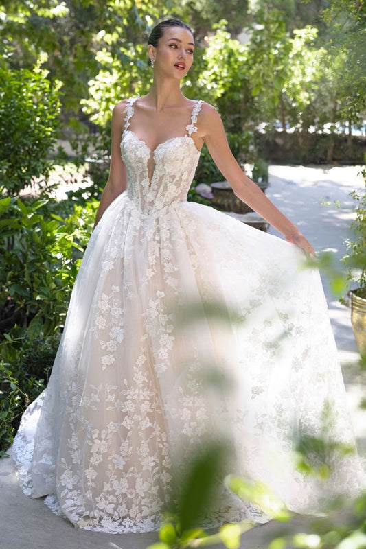 Ball Gown Wedding Dress Illusion Neckline, Delicate Floral Appliqué Straps, And A Corset Bodice With Dimensional Lace.