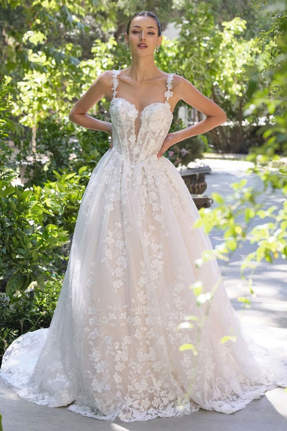 Ball Gown Wedding Dress Illusion Neckline, Delicate Floral Appliqué Straps, And A Corset Bodice With Dimensional Lace.