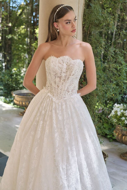 A-Line Wedding Gown With A Strapless Sweetheart Neckline And Intricately Embroidered Lace Bodice.