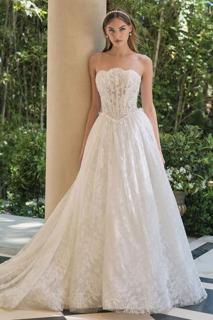 A-Line Wedding Gown With A Strapless Sweetheart Neckline And Intricately Embroidered Lace Bodice.