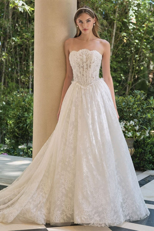A-Line Wedding Gown With A Strapless Sweetheart Neckline And Intricately Embroidered Lace Bodice.