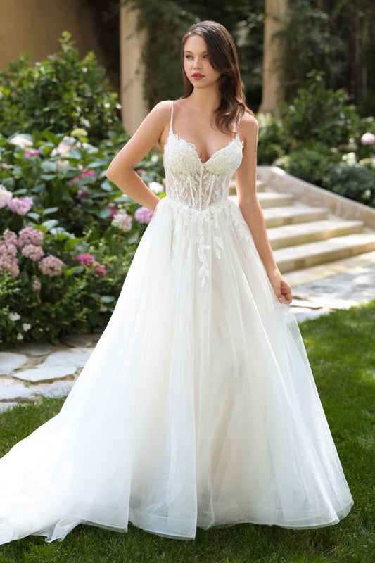A-Line Wedding Gown A Sheer Corset Bodice With Lace Appliqué And Beaded Spaghetti Straps