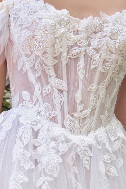 Wedding Ball Gown An Off-The-Shoulder Illusion Bodice Adorned With Cascading Floral Lace Appliqué And Dimensional Textures