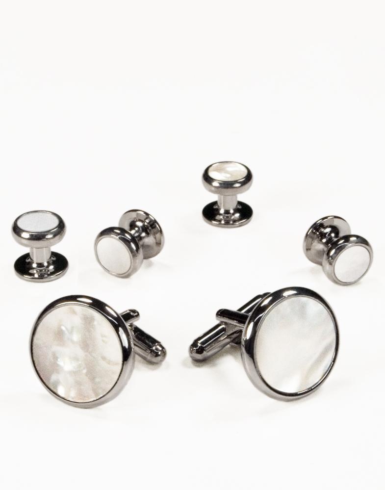 White Mother of Pearl in Gold or Silver Setting Studs & Cufflinks Set